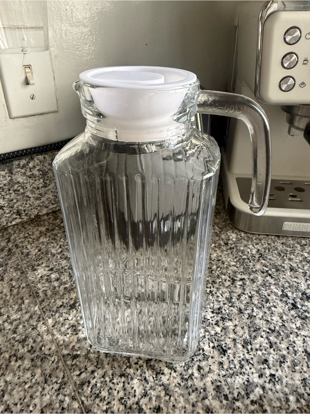 Clear Glass Ribbed Pitcher with White Lid - Home Dining